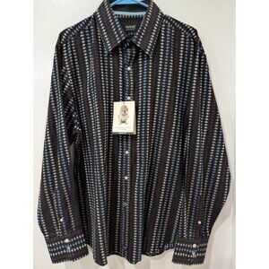 nick(it) Men Long Sleeve Shirt Sz L CAVIAR 100% Cotton Slim Fit Black Geometric